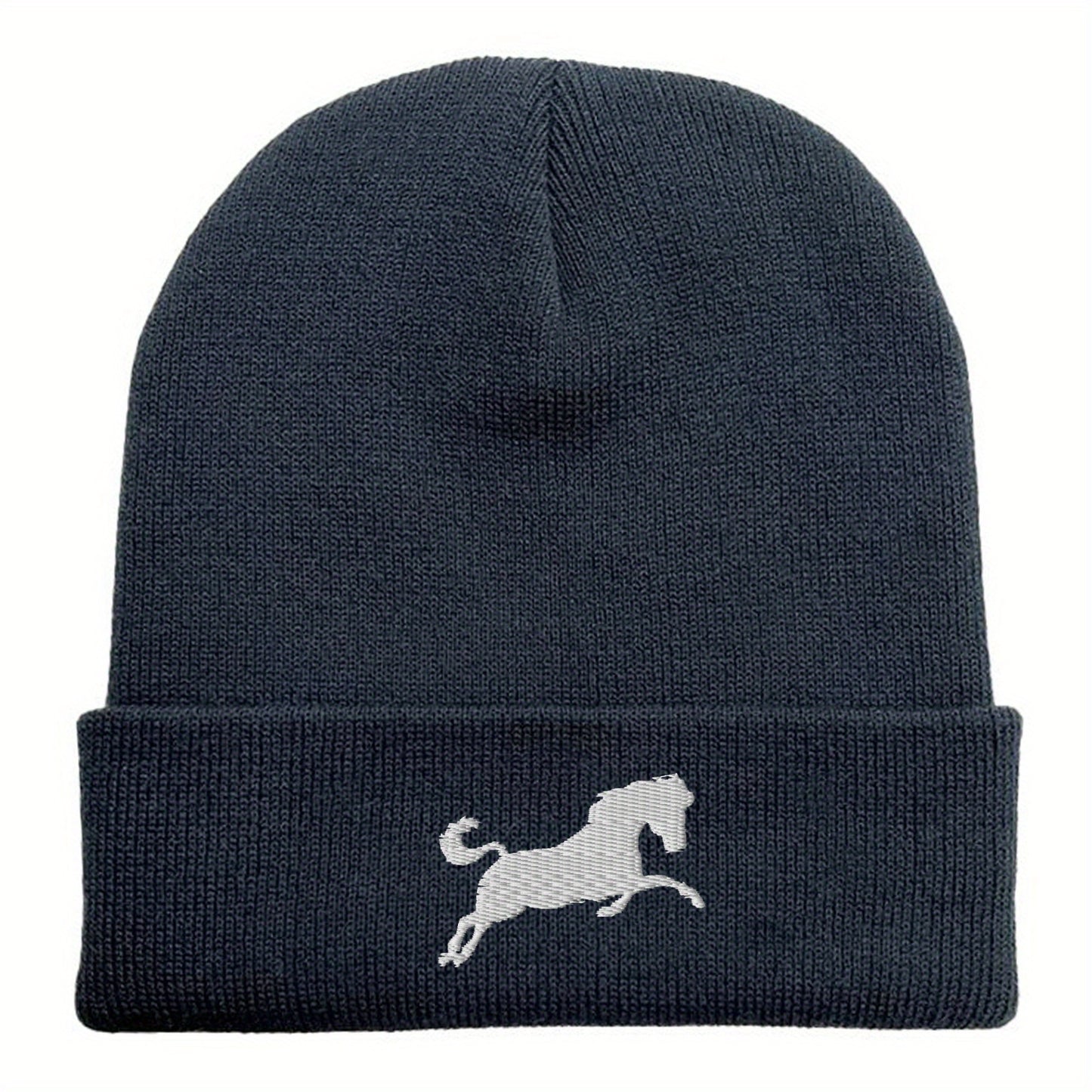 A horse embroidered acrylic knitted hat soft and comfortable elastic daily matching perfect gift for both men and women