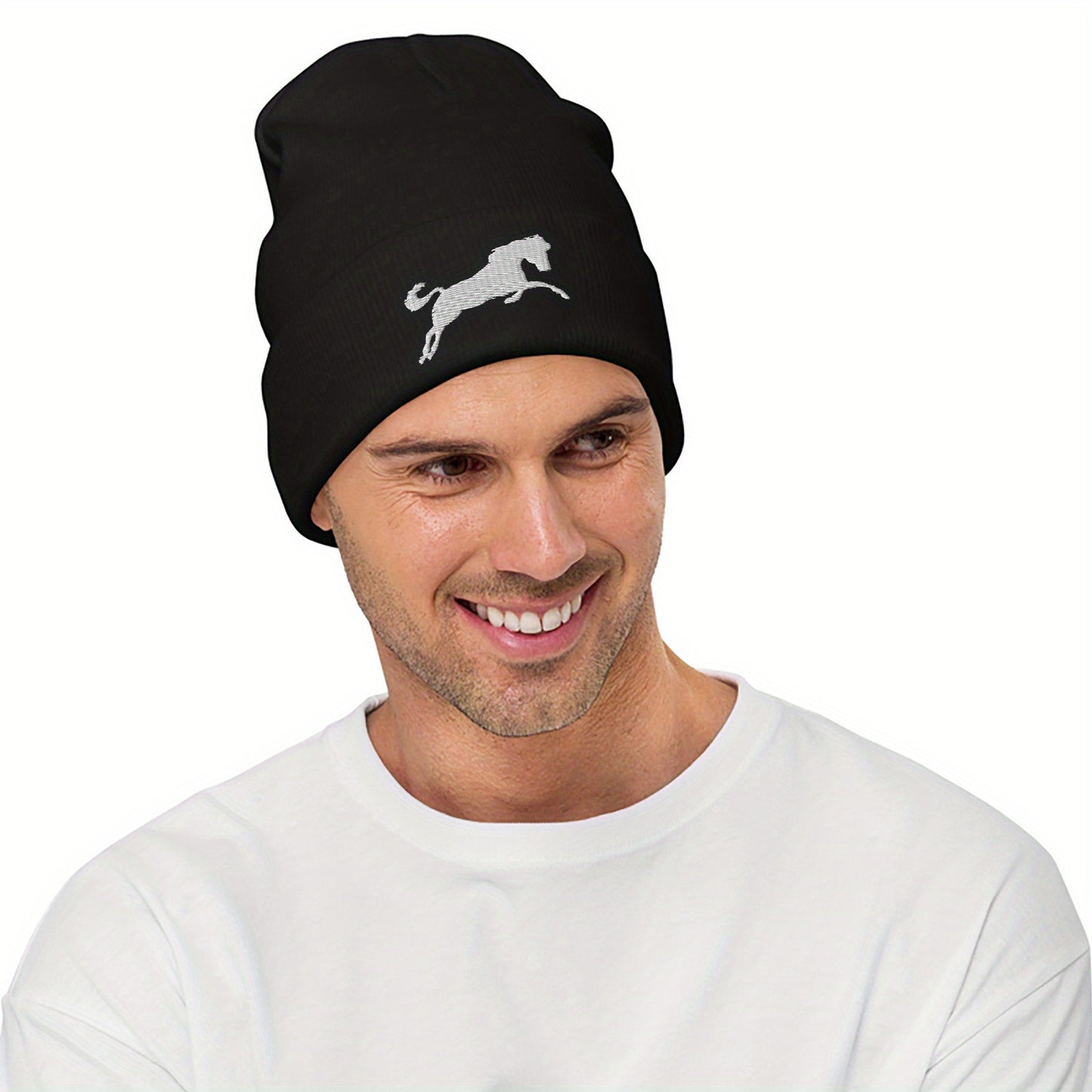 A horse embroidered acrylic knitted hat soft and comfortable elastic daily matching perfect gift for both men and women