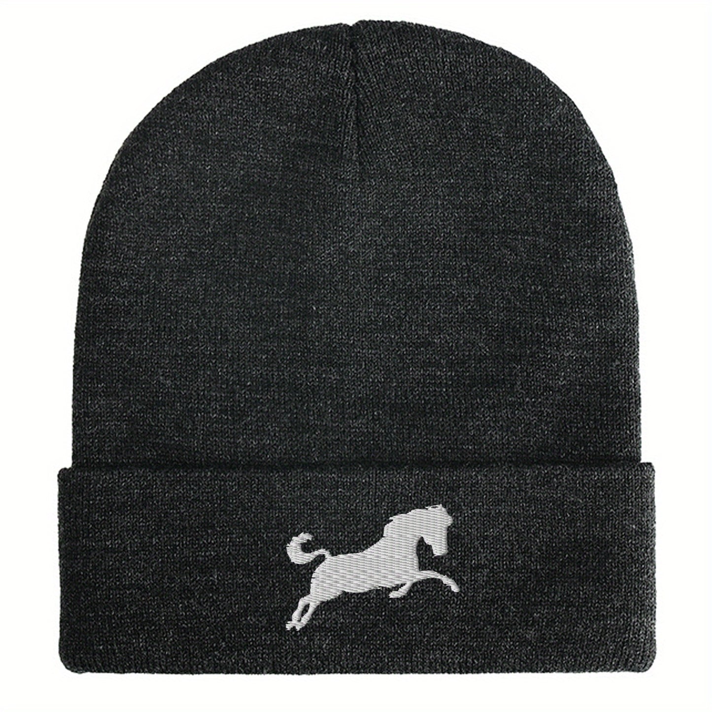 A horse embroidered acrylic knitted hat soft and comfortable elastic daily matching perfect gift for both men and women