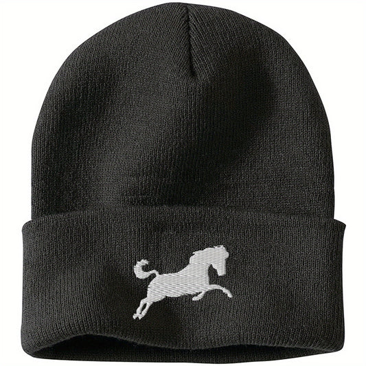 A horse embroidered acrylic knitted hat soft and comfortable elastic daily matching perfect gift for both men and women