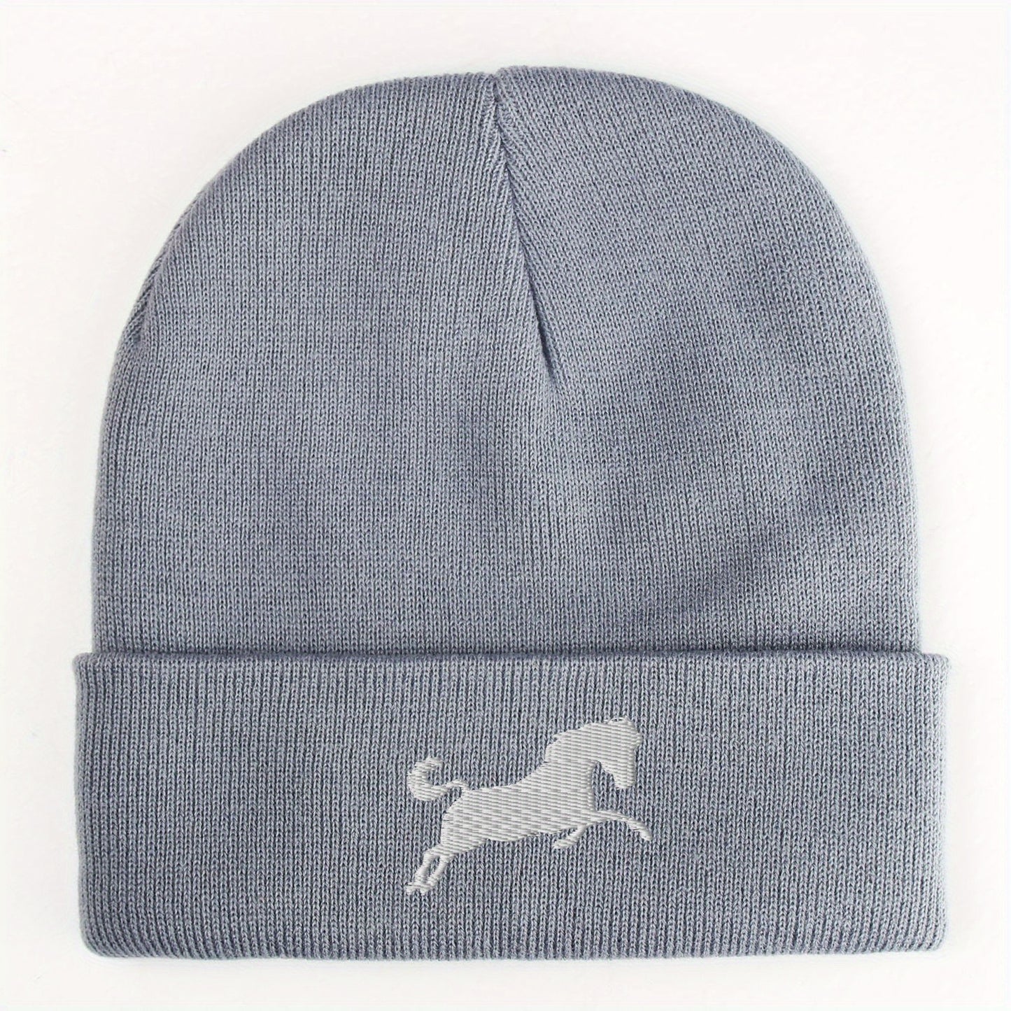 A horse embroidered acrylic knitted hat soft and comfortable elastic daily matching perfect gift for both men and women