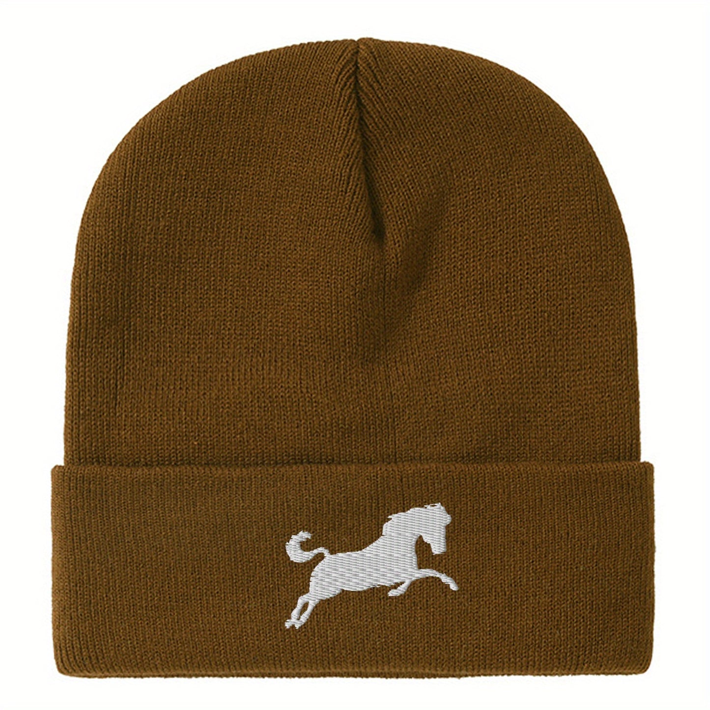 A horse embroidered acrylic knitted hat soft and comfortable elastic daily matching perfect gift for both men and women