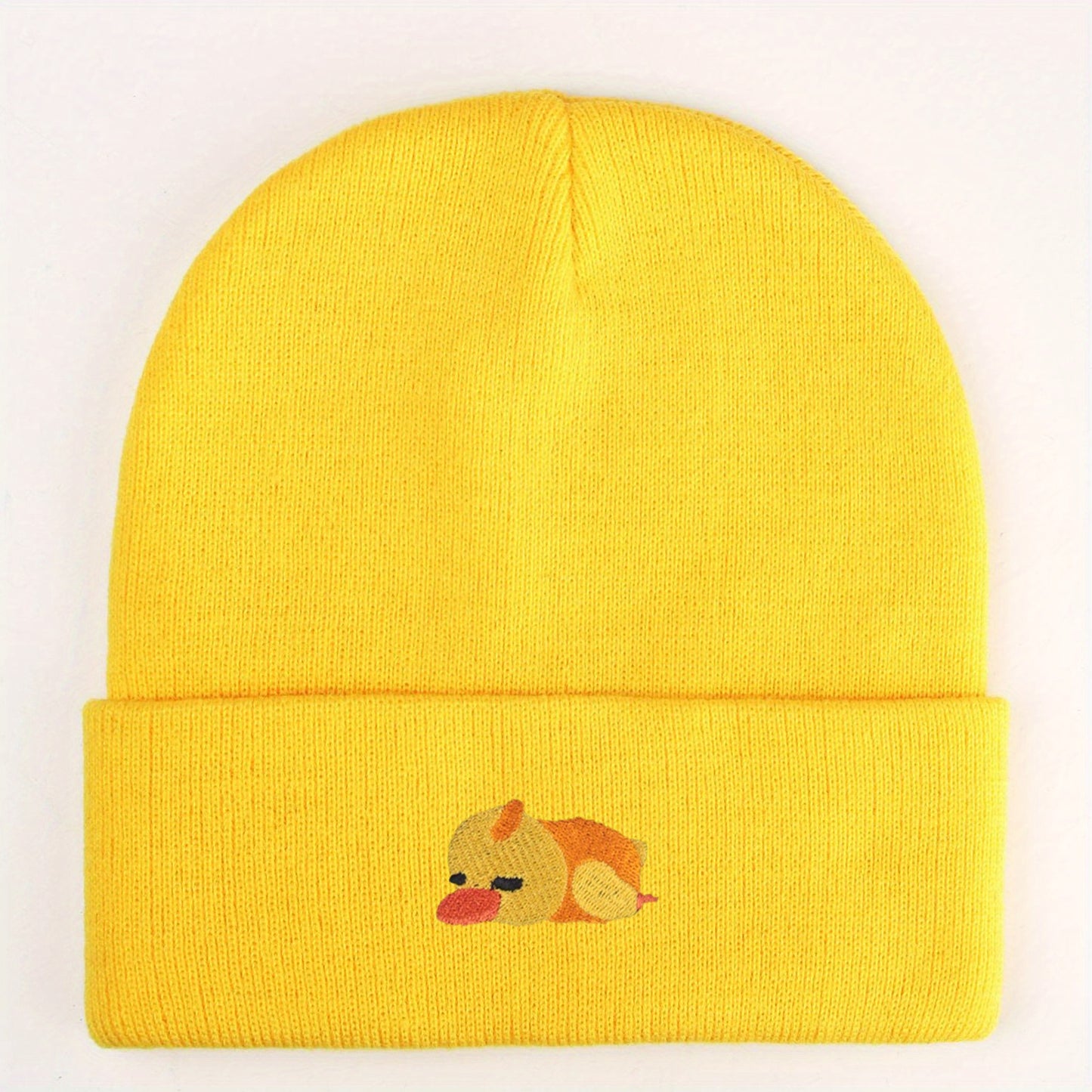 Cute sleeping duck embroidery acrylic knitted hat high elastic warm soft travel essential for men and women