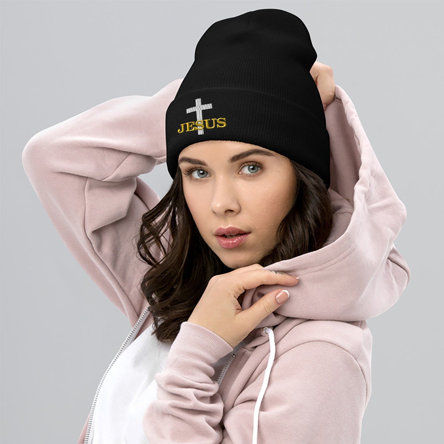 Cross embroidered knit hat