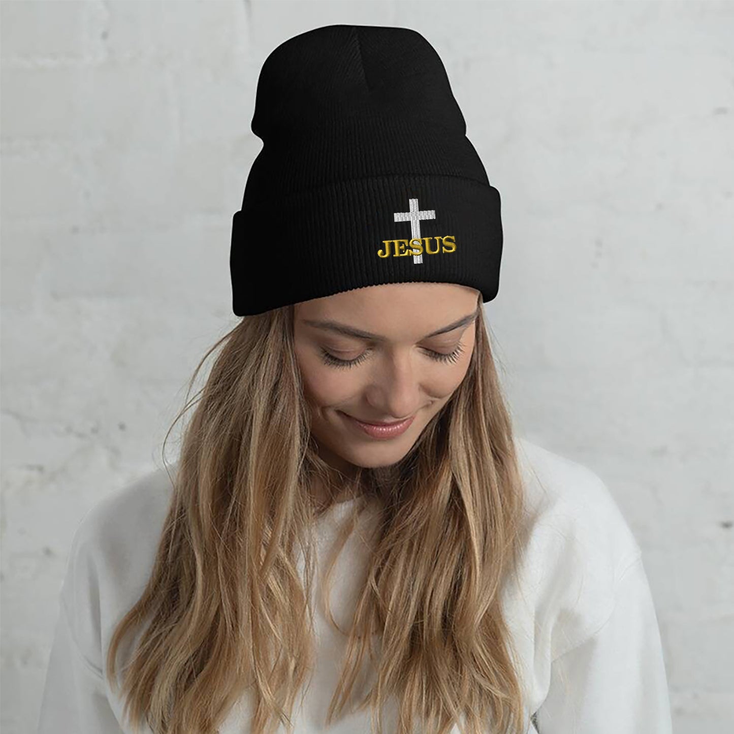 Cross embroidered knit hat