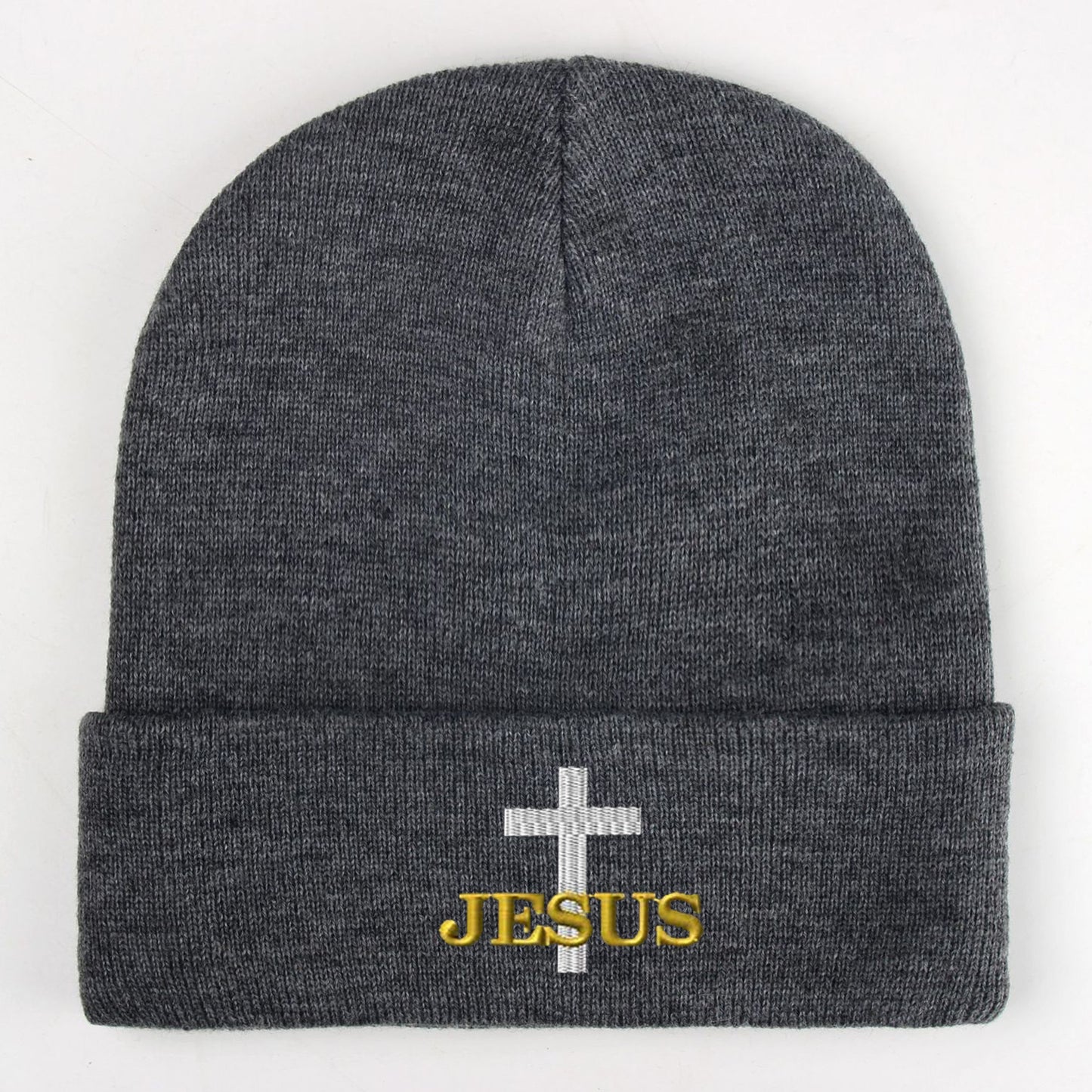 Cross embroidered knit hat