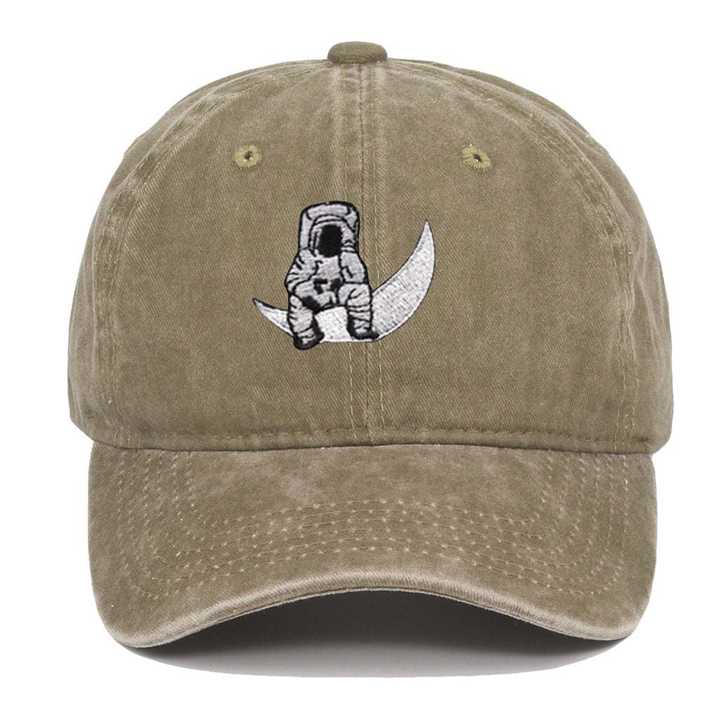 Lonely Astronaut Embroidered on the Moon Cotton Washed Baseball Cap Unisex Adjustable